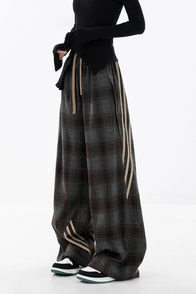 Fibflx Women's Baggy Plaid Patchwork Wide-Leg Drawstring Pants - Fleece & Unlined