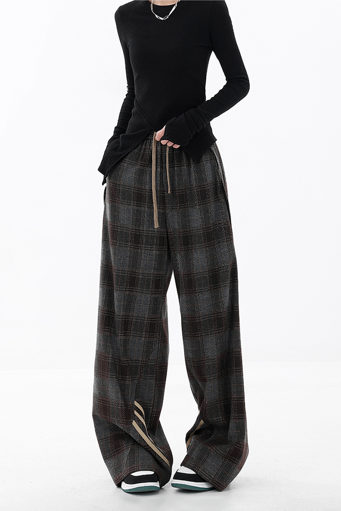 Fibflx Women's Baggy Plaid Patchwork Wide-Leg Drawstring Pants - Fleece & Unlined