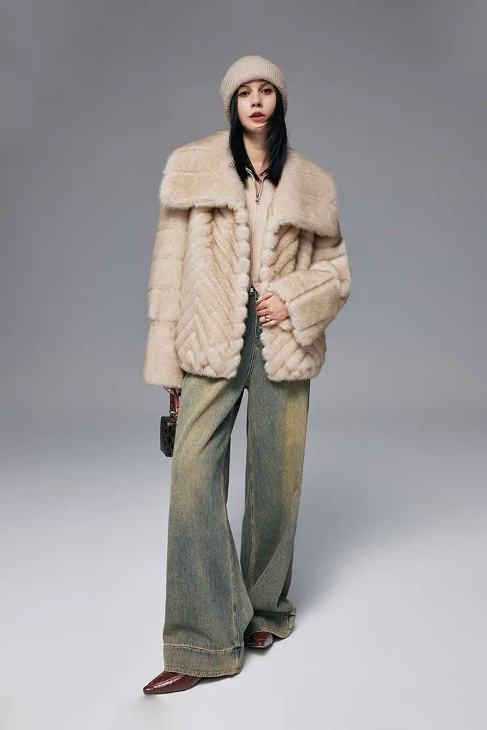 Beige Shawl Lapel Faux-fur Jacket Fibflx