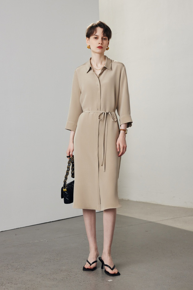 Fibflx Women's Belted Long Sleeve Silk Midi Shirt Dress