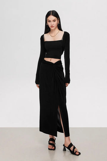 Fibflx Women's Black Acetate High Waist Maxi Skirt with Slit and Twisted Knot