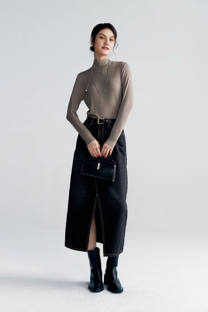 Fibflx Women's Black denim maxi skirtDenim Skirt with front slit