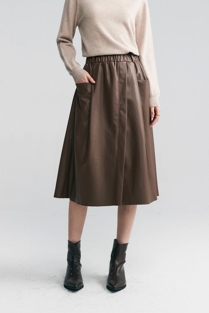 Fibflx Women's Black Leather Maxi Cargo Skirt With Front Slit