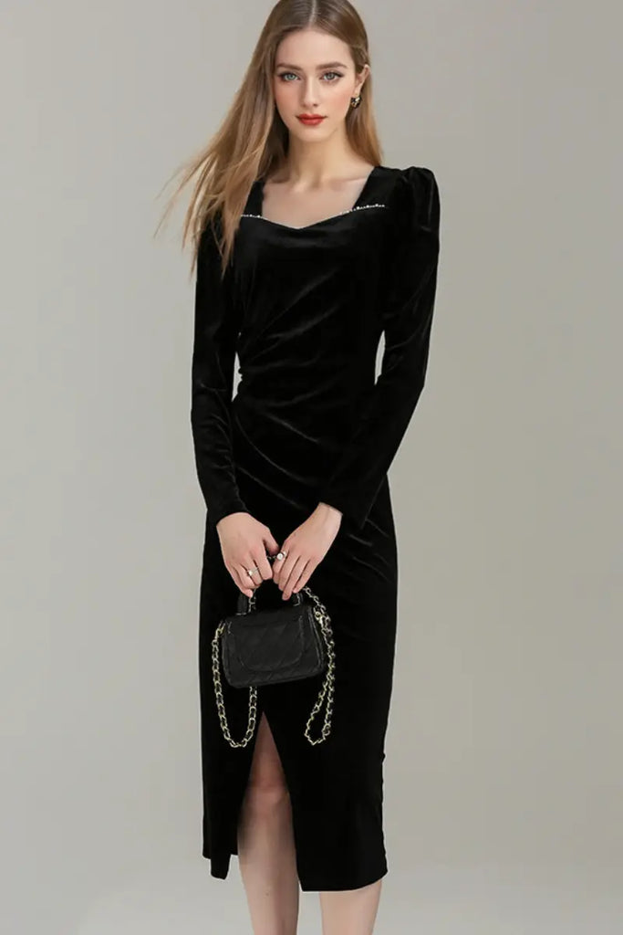 Fibflx Women's Black Long Sleeve Velvet Midi Dress with Ruched Neck and Front Slit