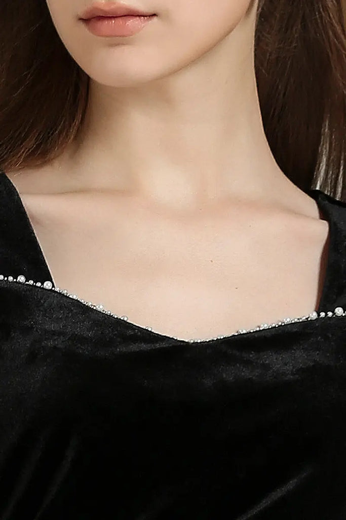 Fibflx Women's Black Long Sleeve Velvet Midi Dress with Ruched Neck and Front Slit