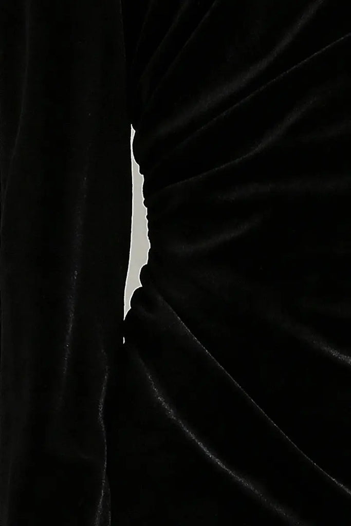 Fibflx Women's Black Long Sleeve Velvet Midi Dress with Ruched Neck and Front Slit