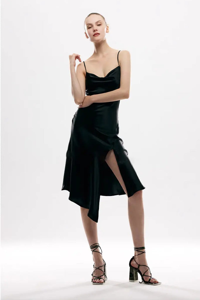 Fibflx Women's Black Mulberry Silk Slip Dress