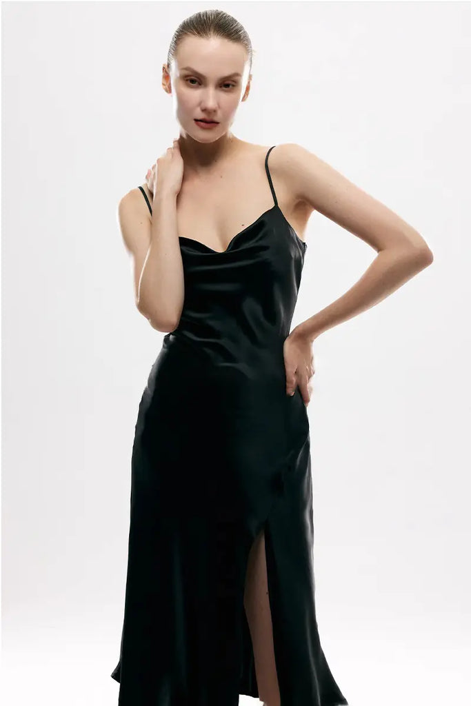 Fibflx Women's Black Mulberry Silk Slip Dress