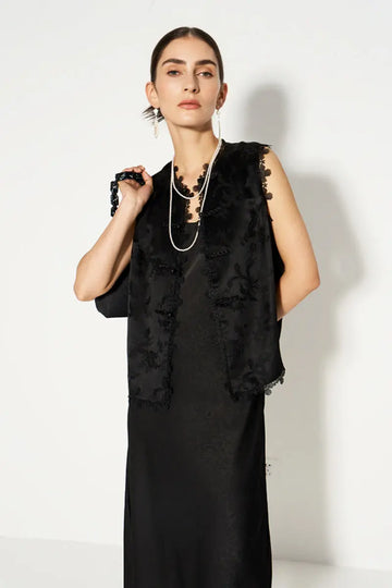 Black Silk Satin Jacquard Lace-Embroidered Vest with Handcrafted Buttons Fibflx
