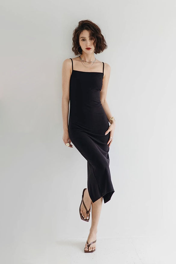 Fibflx Women's Black Slim Fit Backless Slip Dress
