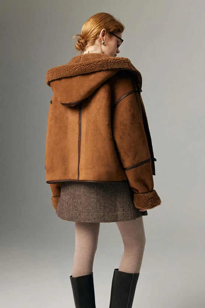 Fibflx Women's Black Suede Shearling Coat with Hood