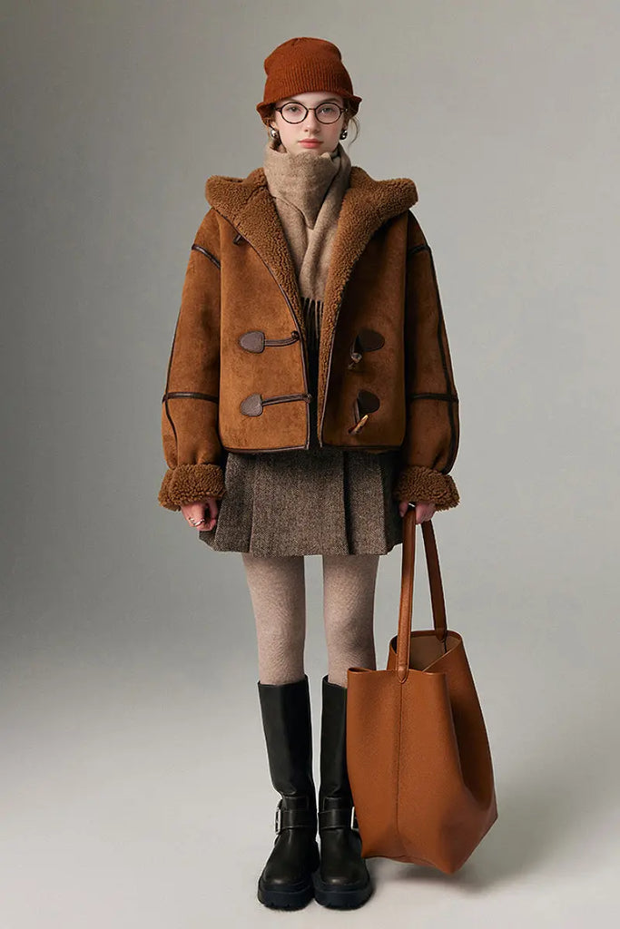 Fibflx Women's Black Suede Shearling Coat with Hood