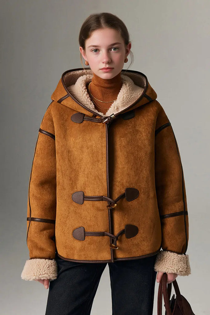 Fibflx Women's Black Suede Shearling Coat with Hood