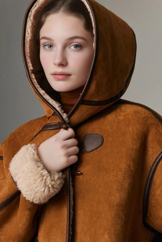 Fibflx Women's Black Suede Shearling Coat with Hood