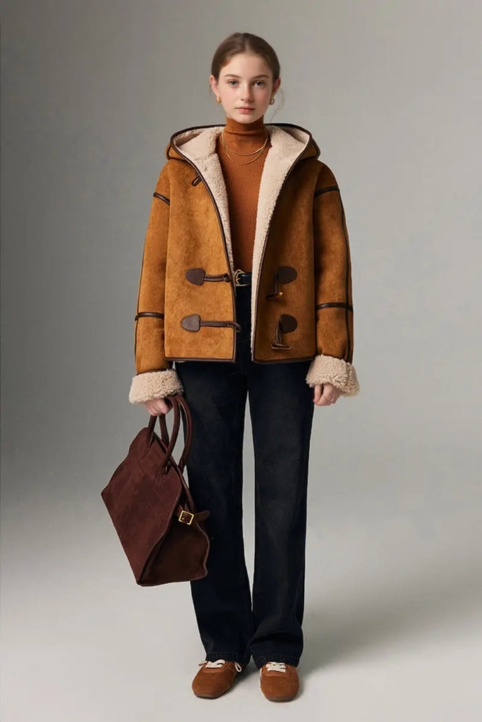 Fibflx Women's Black Suede Shearling Coat with Hood