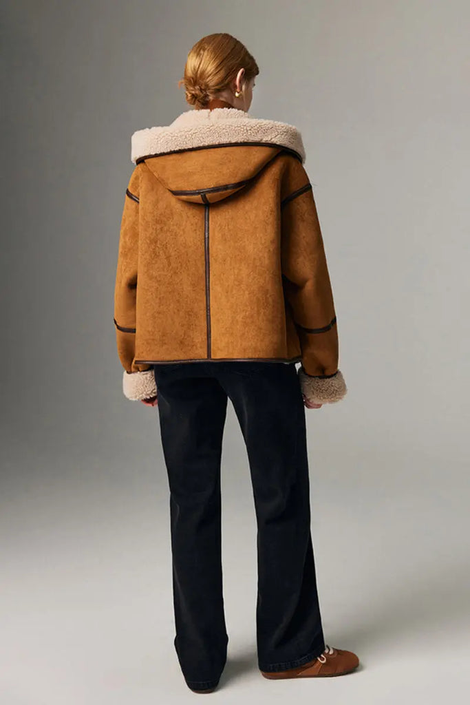 Fibflx Women's Black Suede Shearling Coat with Hood