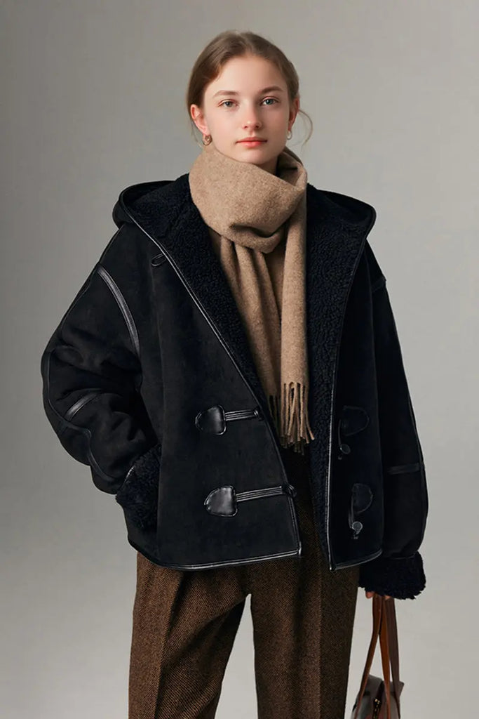 Fibflx Women's Black Suede Shearling Coat with Hood