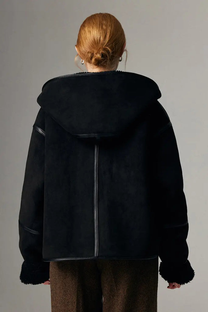 Fibflx Women's Black Suede Shearling Coat with Hood