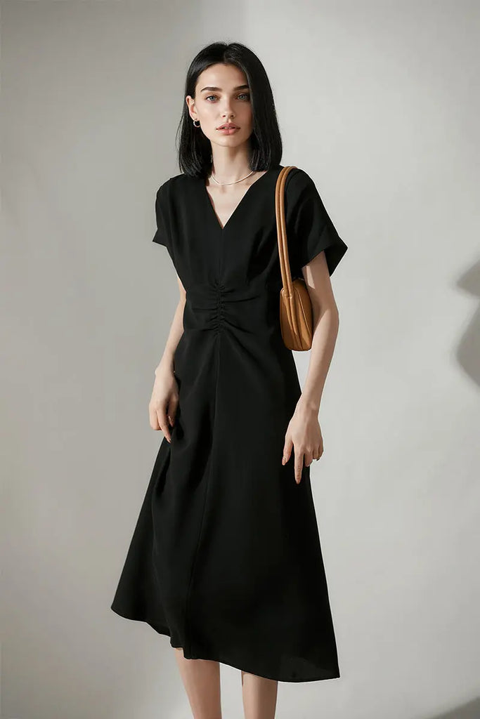 Black Triacetate V-Neck Gathered Waist Midi Dress - Fibflx
