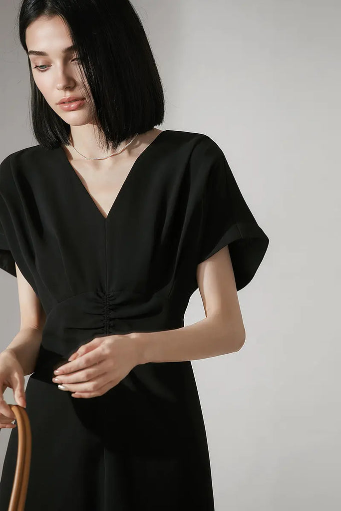 Black Triacetate V-Neck Gathered Waist Midi Dress - Fibflx