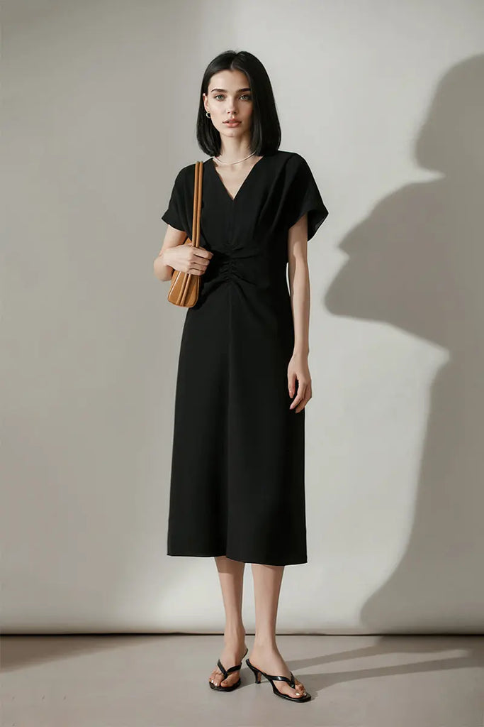 Black Triacetate V-Neck Gathered Waist Midi Dress - Fibflx