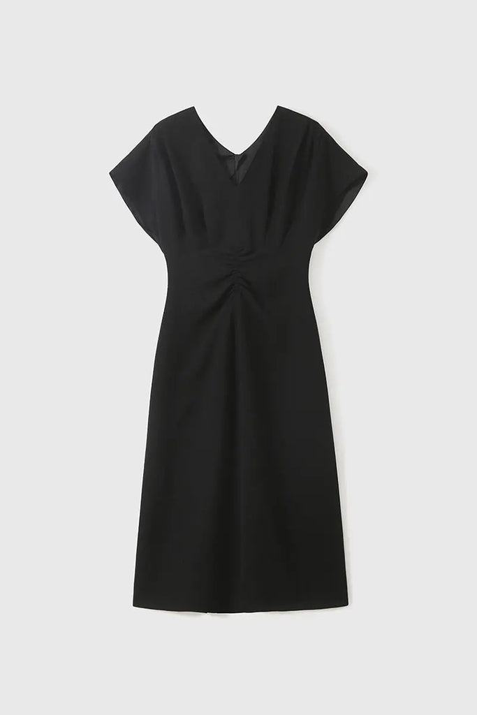 Black Triacetate V-Neck Gathered Waist Midi Dress - Fibflx