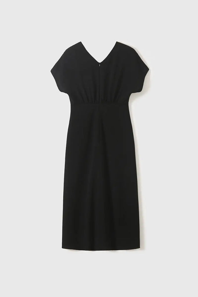 Black Triacetate V-Neck Gathered Waist Midi Dress - Fibflx
