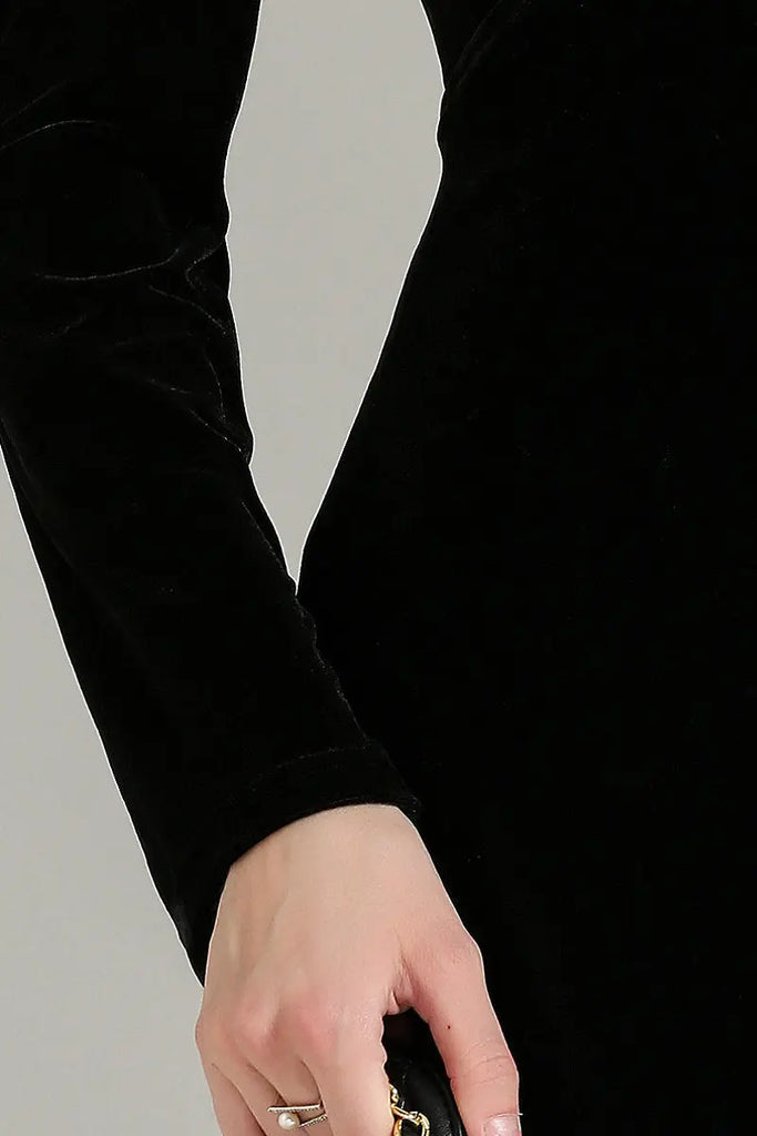 Fibflx Women's Black V Neck Long Sleeve Velvet Midi Dress with Ruched Waist