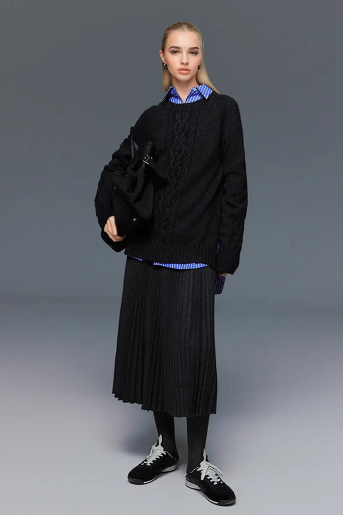 Fibflx Women's Black Wool Blend Maxi Pleated Skirt