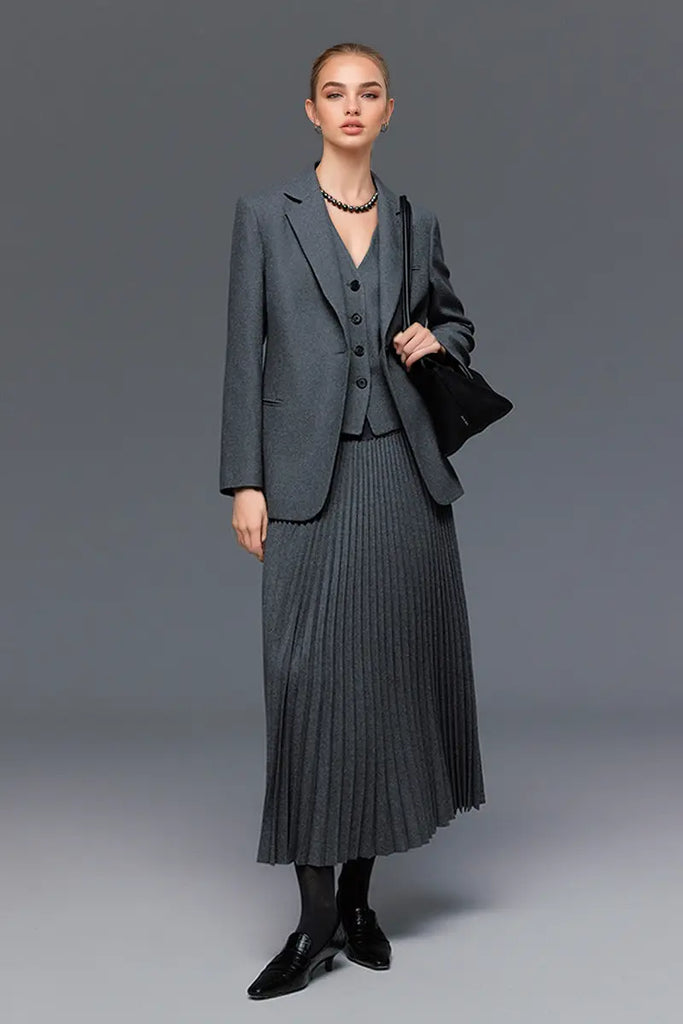 Fibflx Women's Black Wool Blend Maxi Pleated Skirt