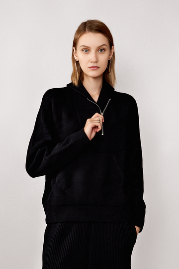 Black Wool Half-Zip Pullover Sweater Fibflx