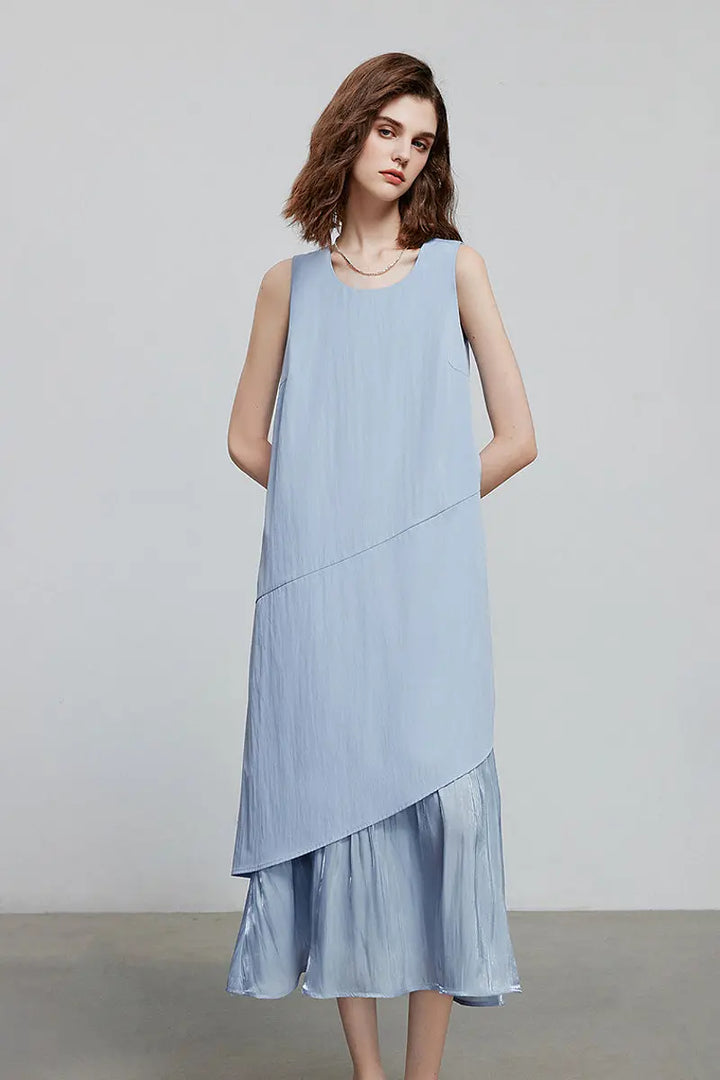 Blue Flowy Asymmetrical Sleeveless Trapeze Midi Dress S / Sonata Blue / 70% Recycled Polyester 30% Viscose