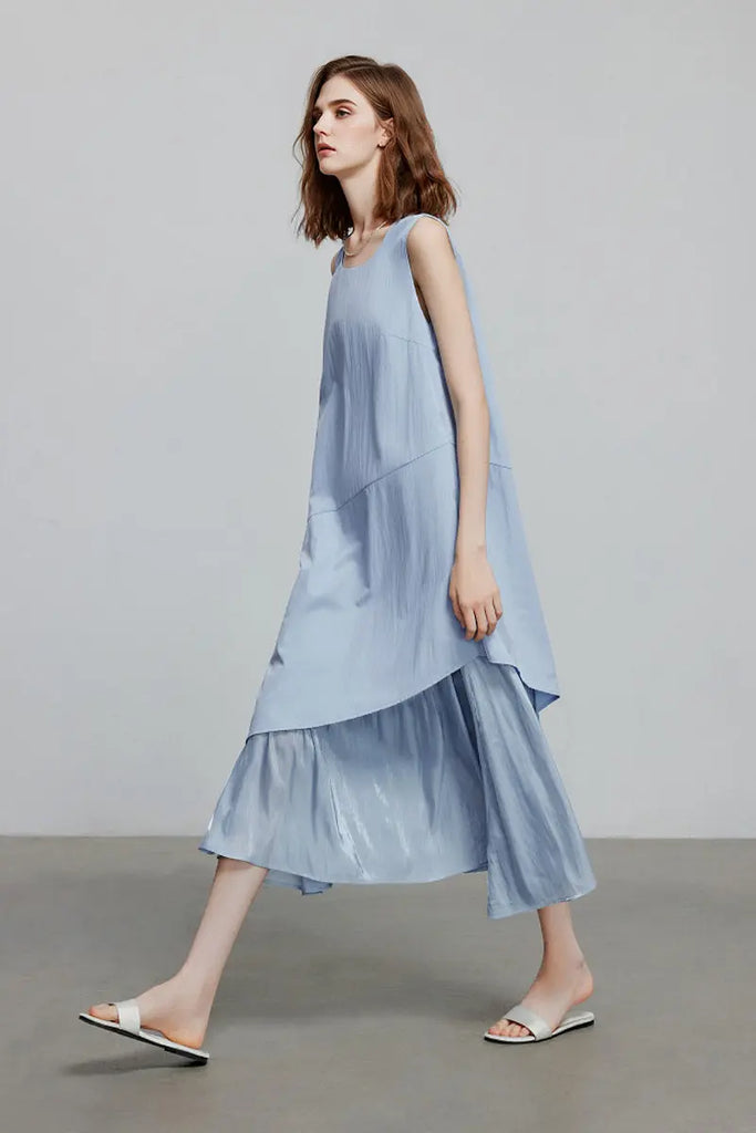 Blue Flowy Asymmetrical Sleeveless Trapeze Midi Dress Fibflx