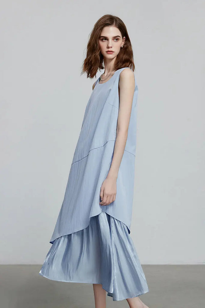 Blue Flowy Asymmetrical Sleeveless Trapeze Midi Dress Fibflx
