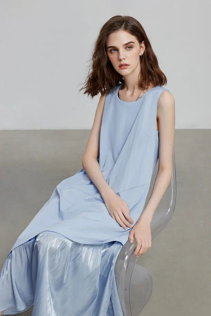 Blue Flowy Asymmetrical Sleeveless Trapeze Midi Dress Fibflx