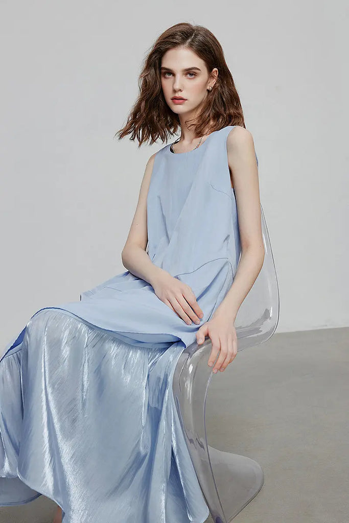 Blue Flowy Asymmetrical Sleeveless Trapeze Midi Dress Fibflx