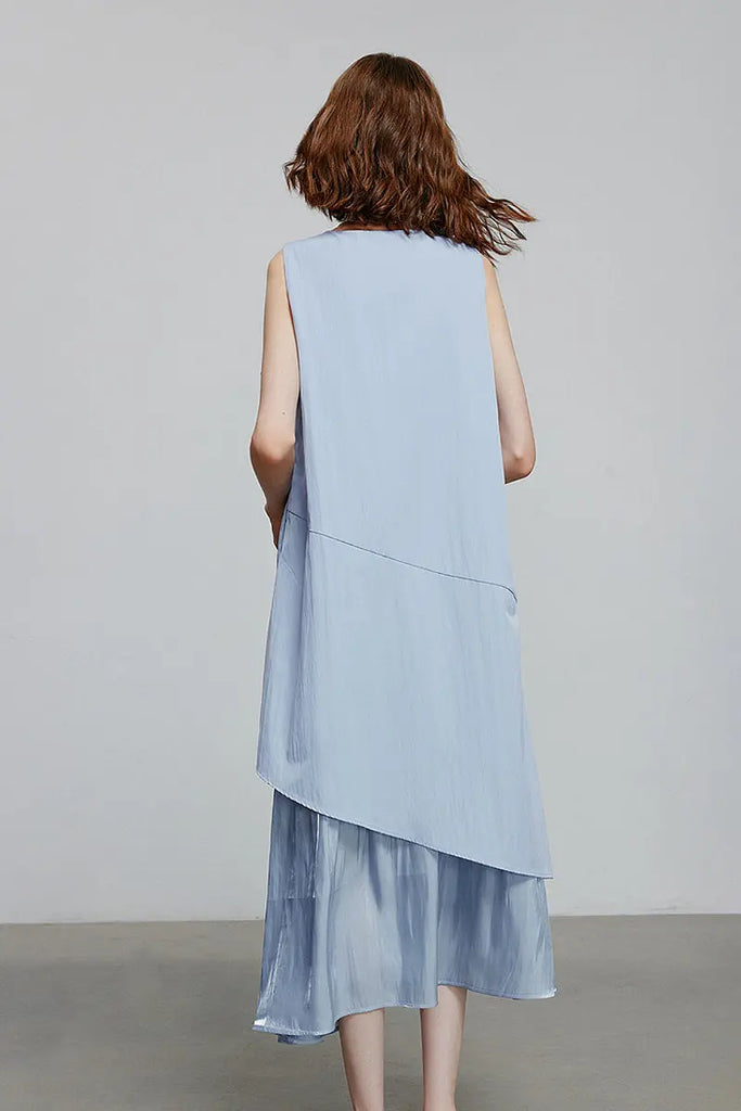 Blue Flowy Asymmetrical Sleeveless Trapeze Midi Dress Fibflx