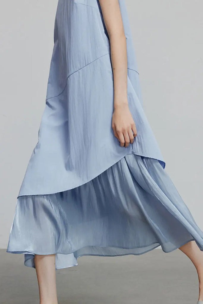 Blue Flowy Asymmetrical Sleeveless Trapeze Midi Dress Fibflx