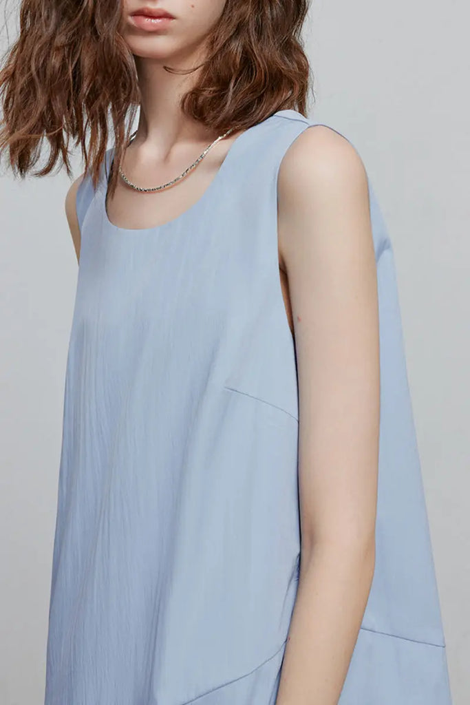 Blue Flowy Asymmetrical Sleeveless Trapeze Midi Dress Fibflx