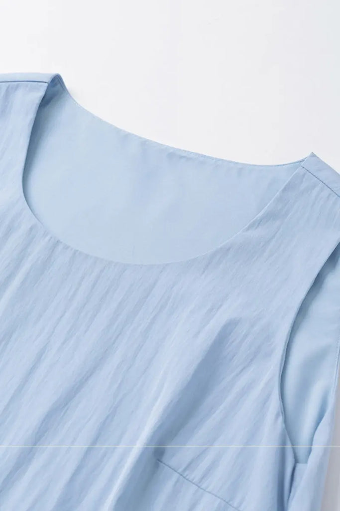 Blue Flowy Asymmetrical Sleeveless Trapeze Midi Dress Fibflx