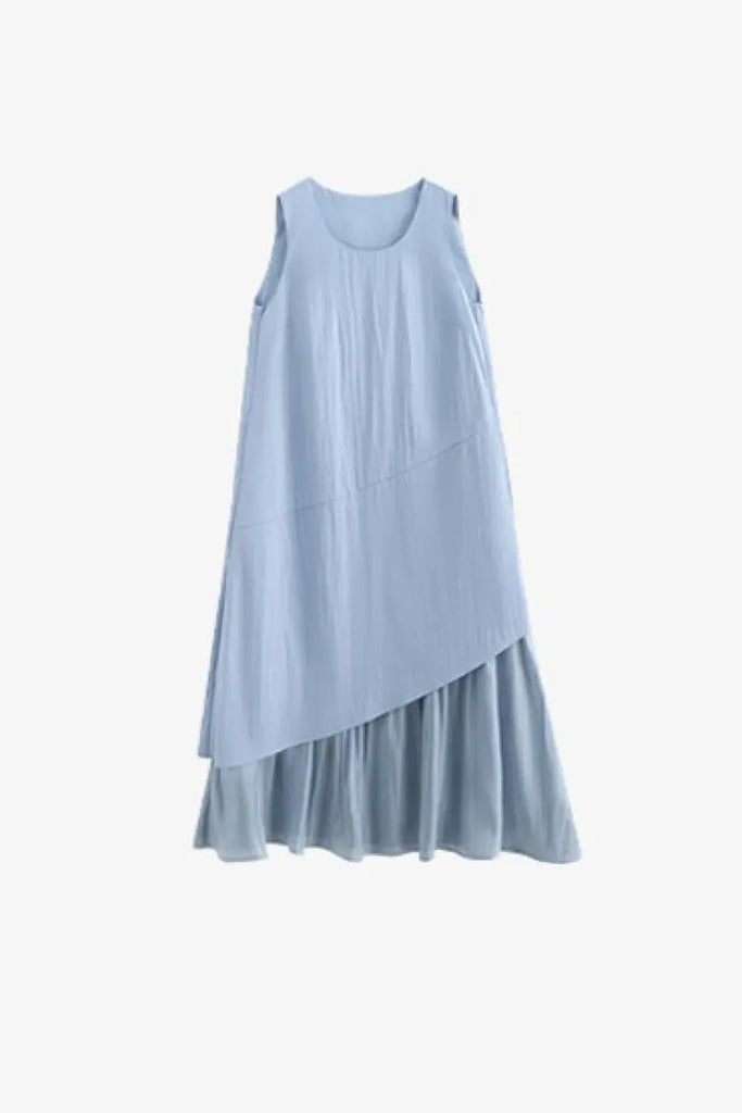 Blue Flowy Asymmetrical Sleeveless Trapeze Midi Dress Fibflx