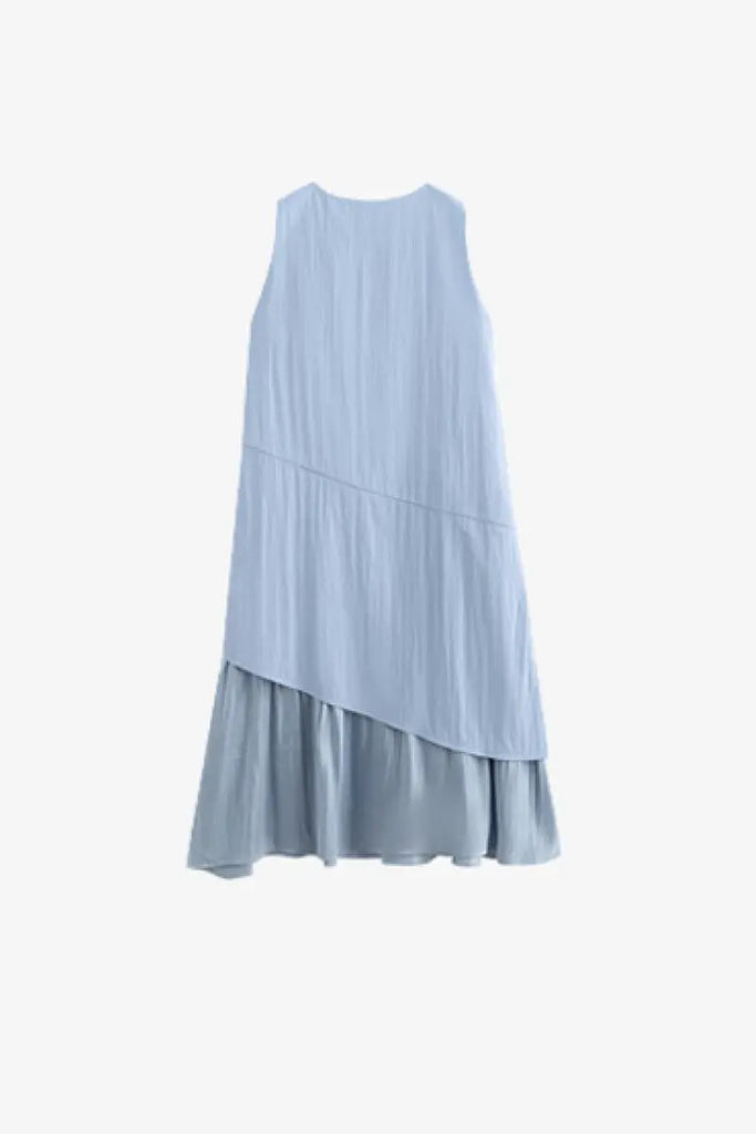 Blue Flowy Asymmetrical Sleeveless Trapeze Midi Dress Fibflx