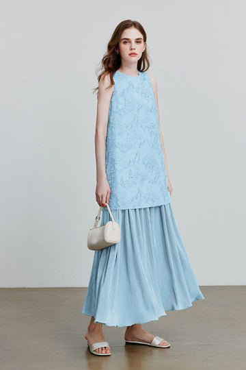 Blue Frayed Jacquard Pleated Mixed-Media Midi Dress Fibflx