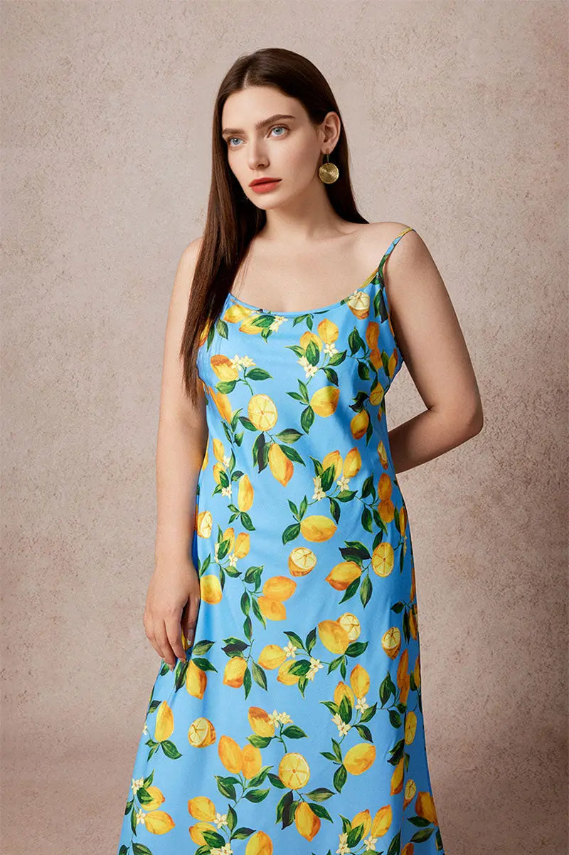 Blue Lemon Print Midi Slip Dress