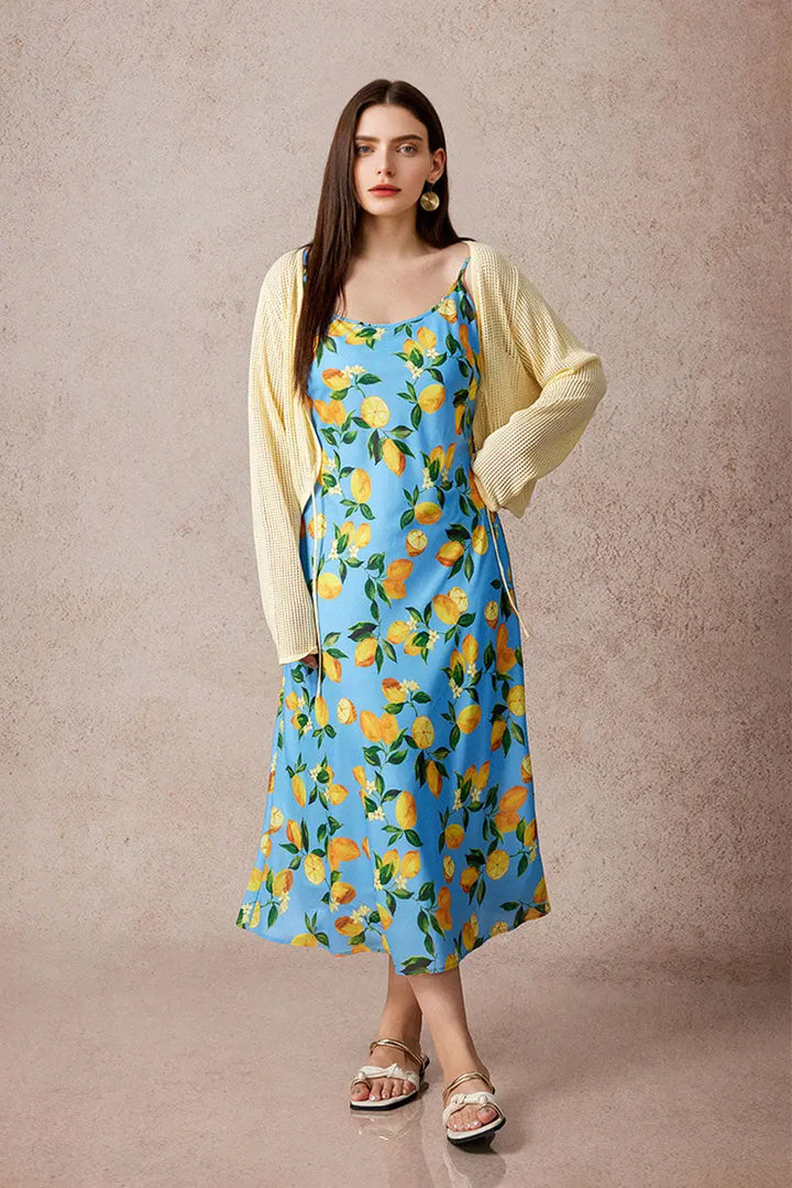 Blue Lemon Print Midi Slip Dress Celestial Blue / XXL