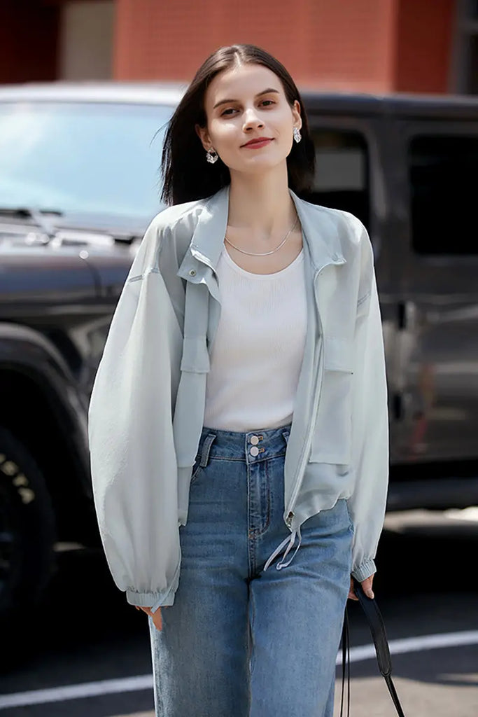 Blue Lightweight Sheer Silk Organza Jacket - Fibflx