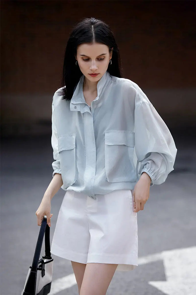 Blue Lightweight Sheer Silk Organza Jacket - Fibflx