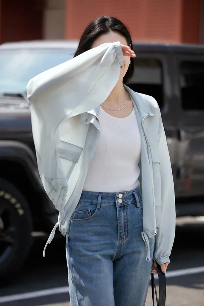 Blue Lightweight Sheer Silk Organza Jacket - Fibflx