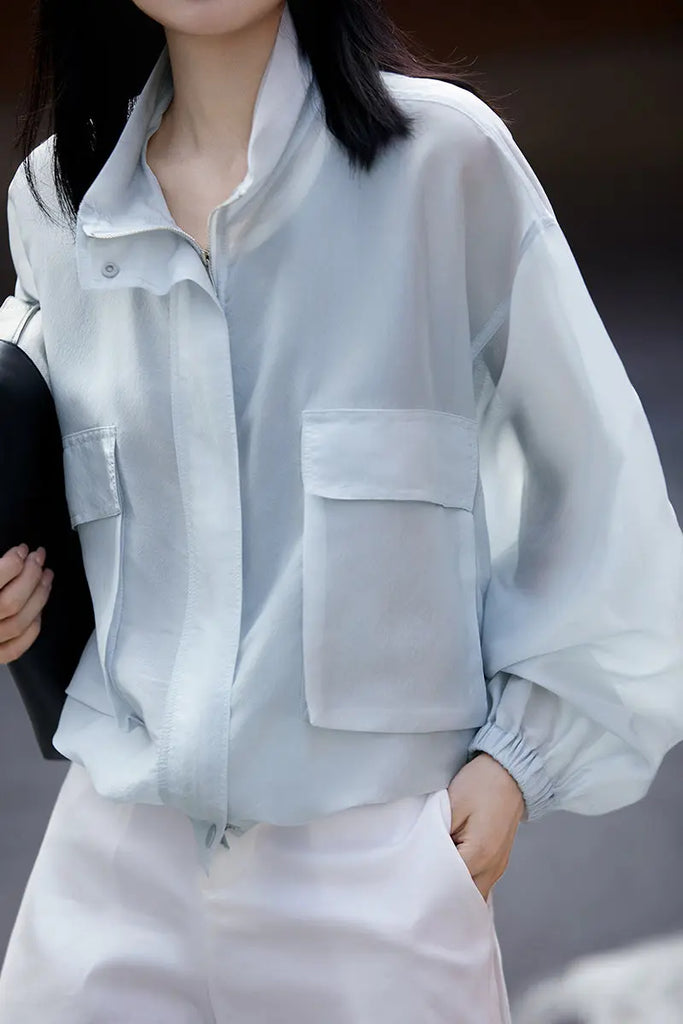 Blue Lightweight Sheer Silk Organza Jacket - Fibflx