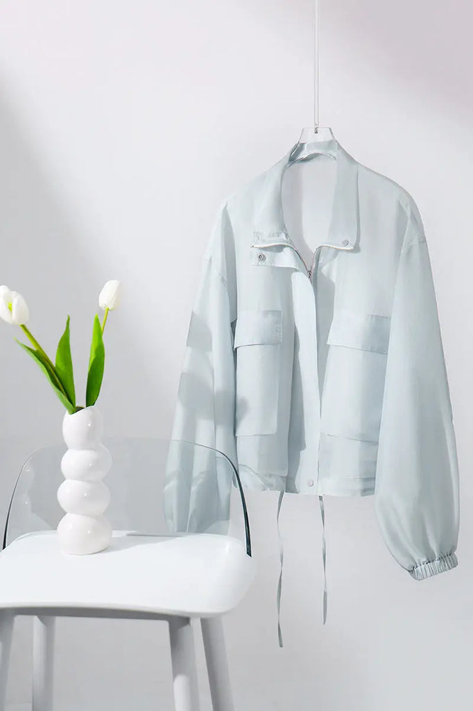 Blue Lightweight Sheer Silk Organza Jacket - Fibflx